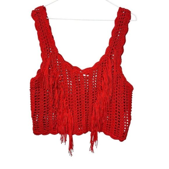 Zara Crochet Knitted Fringed Sleeveless Cropped Boho Red Tank Top Size Medium - Picture 1 of 5